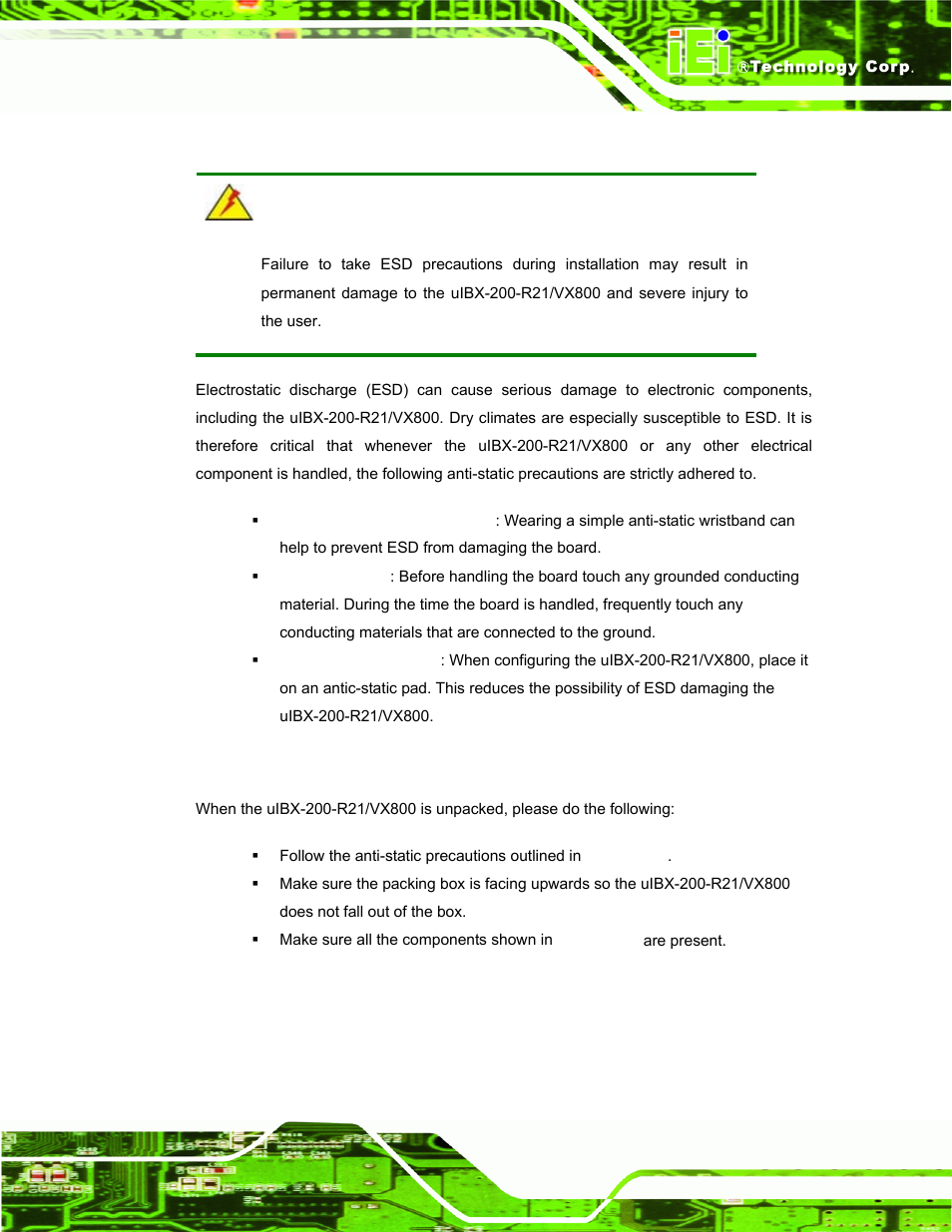 1 anti-static precautions, 2 unpacking precautions, Static | Recautions, Npacking | IEI Integration uIBX-200-VX800 v2.10 User Manual | Page 21 / 116