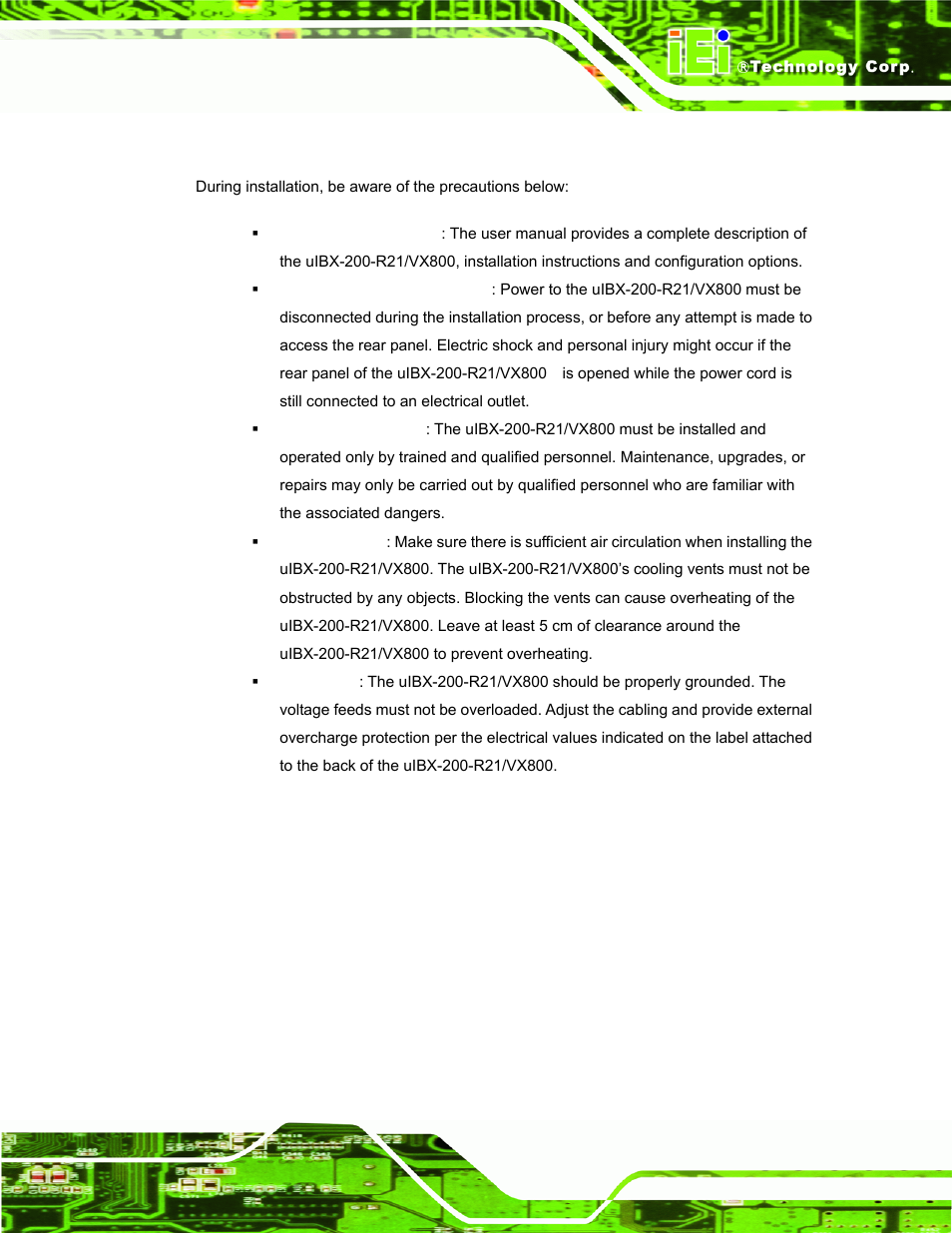 1 installation precautions, Nstallation, Recautions | IEI Integration uIBX-200-VX800 v2.10 User Manual | Page 25 / 116