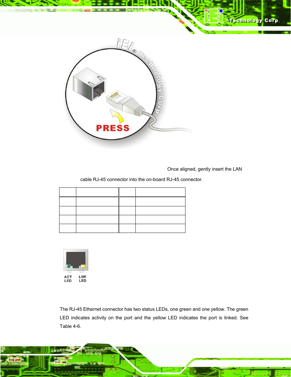 Figure 4-9: lan connection, Figure 4-10: rj-45 ethernet connector, Table 4-5: lan pinouts | See table 4-5, See figure 4-9 | IEI Integration uIBX-200-VX800 v2.10 User Manual | Page 33 / 116