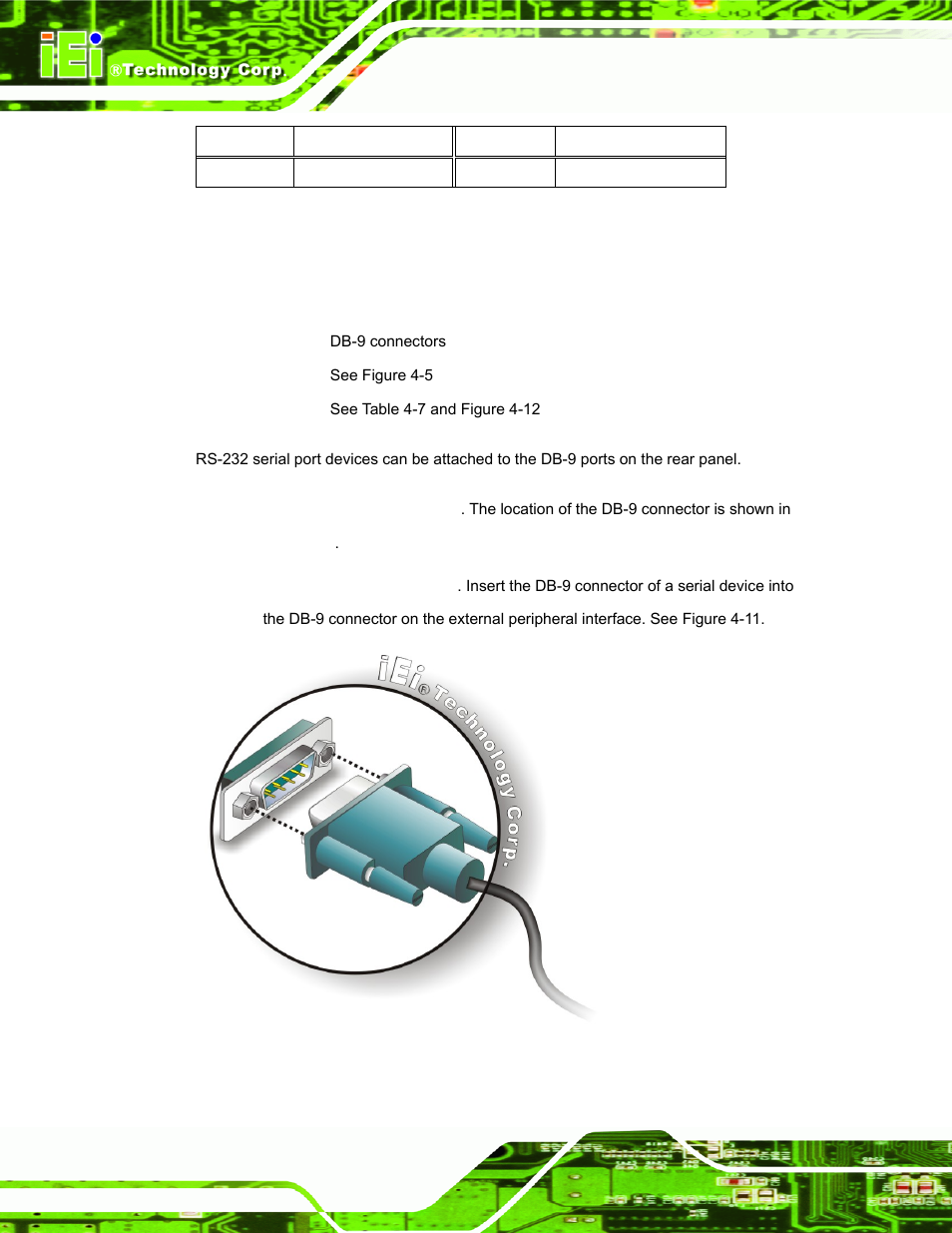 4 serial port connector, Figure 4-11: serial device connector, Table 4-6: rj-45 ethernet connector leds | IEI Integration uIBX-200-VX800 v2.10 User Manual | Page 34 / 116