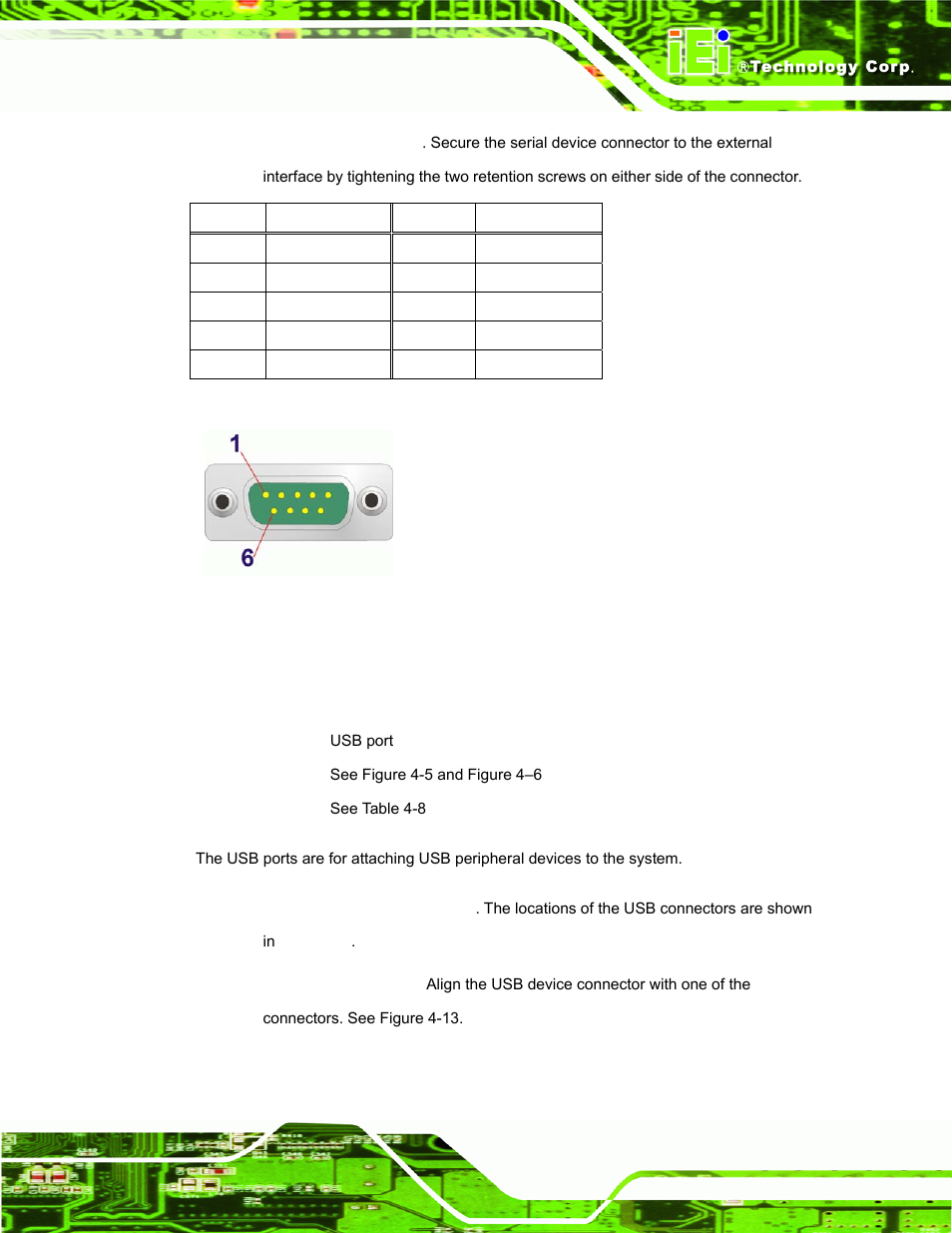 5 usb connector, Figure 4-12: serial port pinouts, Table 4-7: serial port pinouts | IEI Integration uIBX-200-VX800 v2.10 User Manual | Page 35 / 116