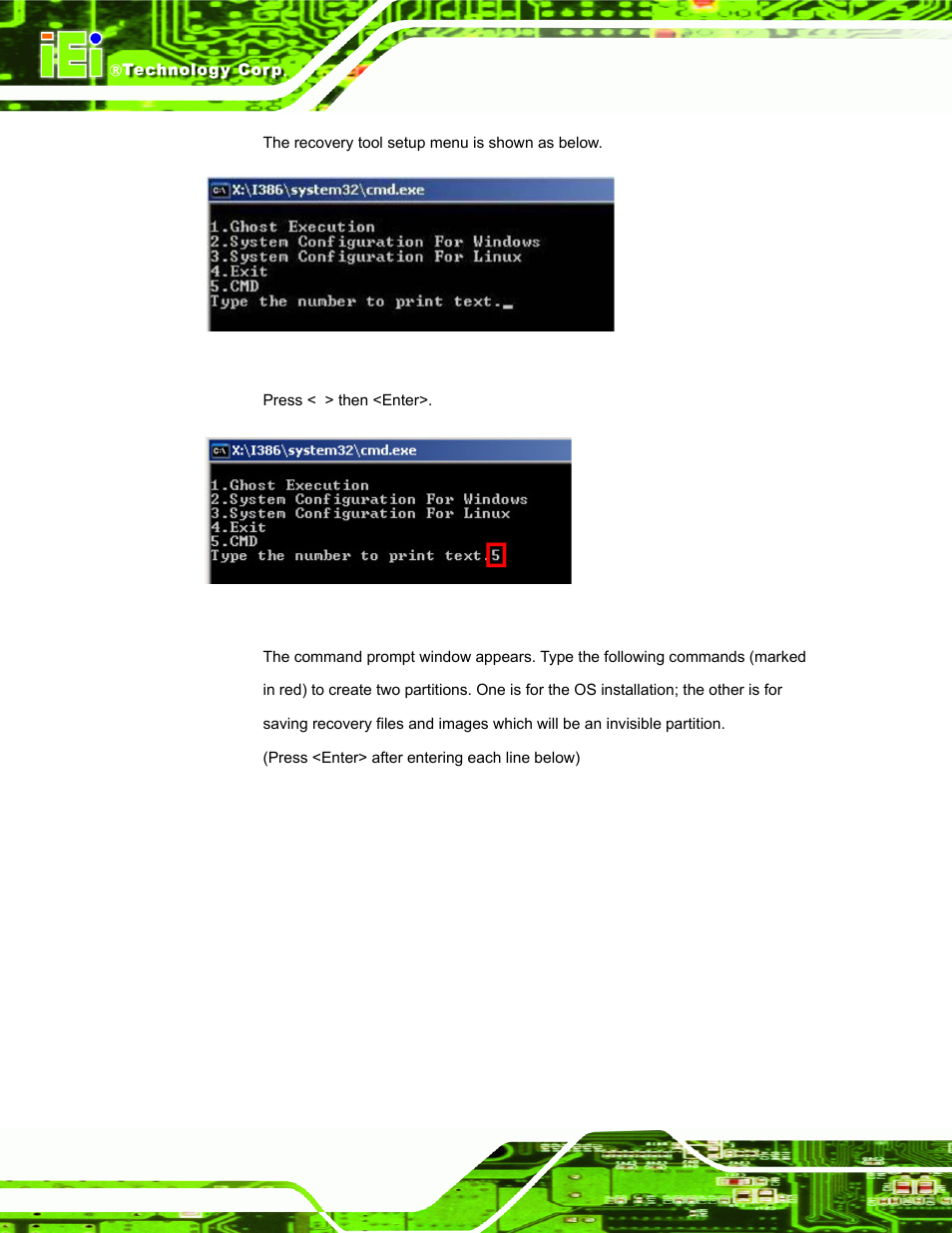 Figure a-3: recovery tool setup menu, Figure a-4: command mode | IEI Integration uIBX-200-VX800 v2.10 User Manual | Page 84 / 116