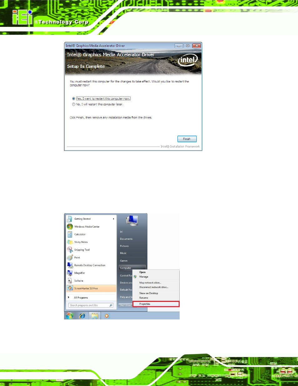 5 lan driver installation, River, Nstallation | Figure 7-11: vga driver installation finish screen, Figure 7-12: windows control panel, 5 lan drive r in s ta lla tio n | IEI Integration uIBX-210-CV-N2600 User Manual | Page 101 / 163