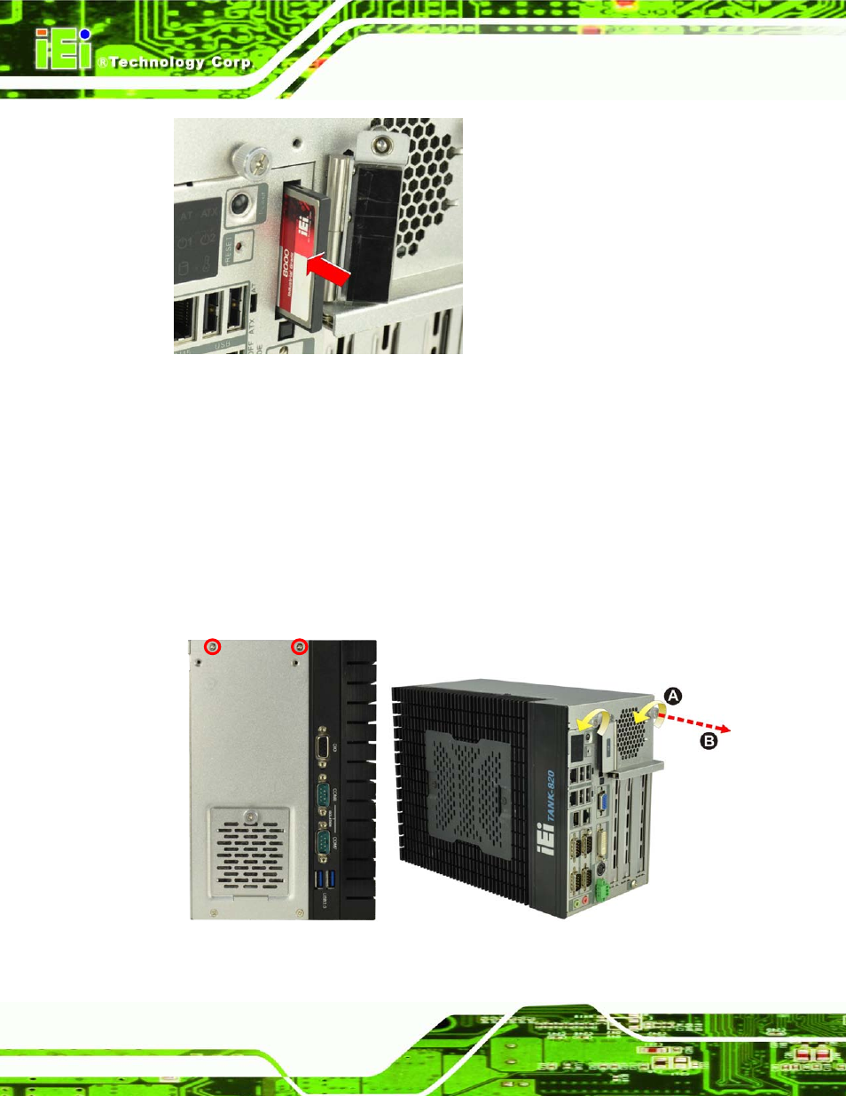 3 hard disk drive (hdd) installation, Rive, Hdd) | Nstallation, Figure 3-3: cf card installation, Figure 3-4: unscrew the cover, 3 ha rd dis k drive (hdd) in s ta lla tio n | IEI Integration TANK-820-H61 v1.00 User Manual | Page 33 / 158