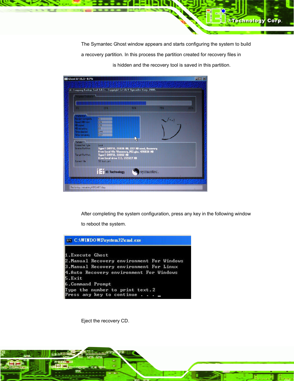 Figure b-8: building the recovery partition, Figure b-9: press any key to continue | IEI Integration UPC-V312-D525 v1.10 User Manual | Page 134 / 175