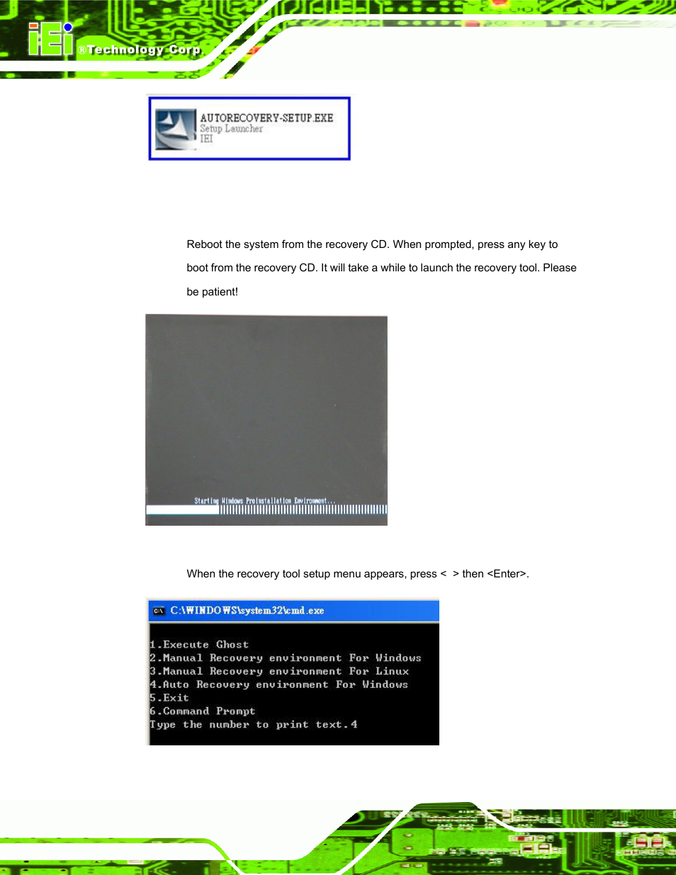 Figure b-22: auto recovery utility, Figure b-23: launching the recovery tool, Figure b-24: auto recovery environment for windows | IEI Integration UPC-V312-D525 v1.10 User Manual | Page 141 / 175