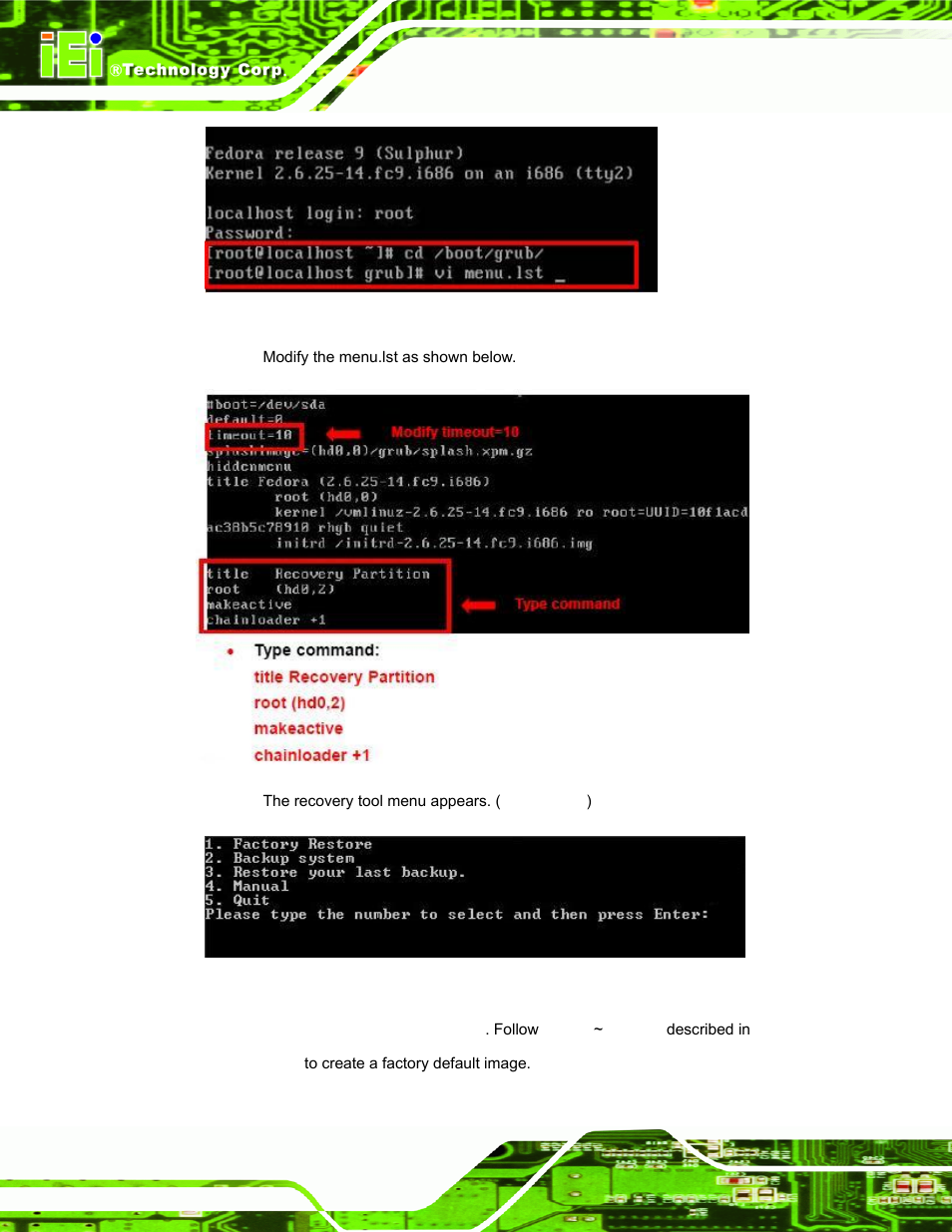 Figure b-31: access menu.lst in linux (text mode), Figure b-32: recovery tool menu | IEI Integration UPC-V312-D525 v1.10 User Manual | Page 147 / 175