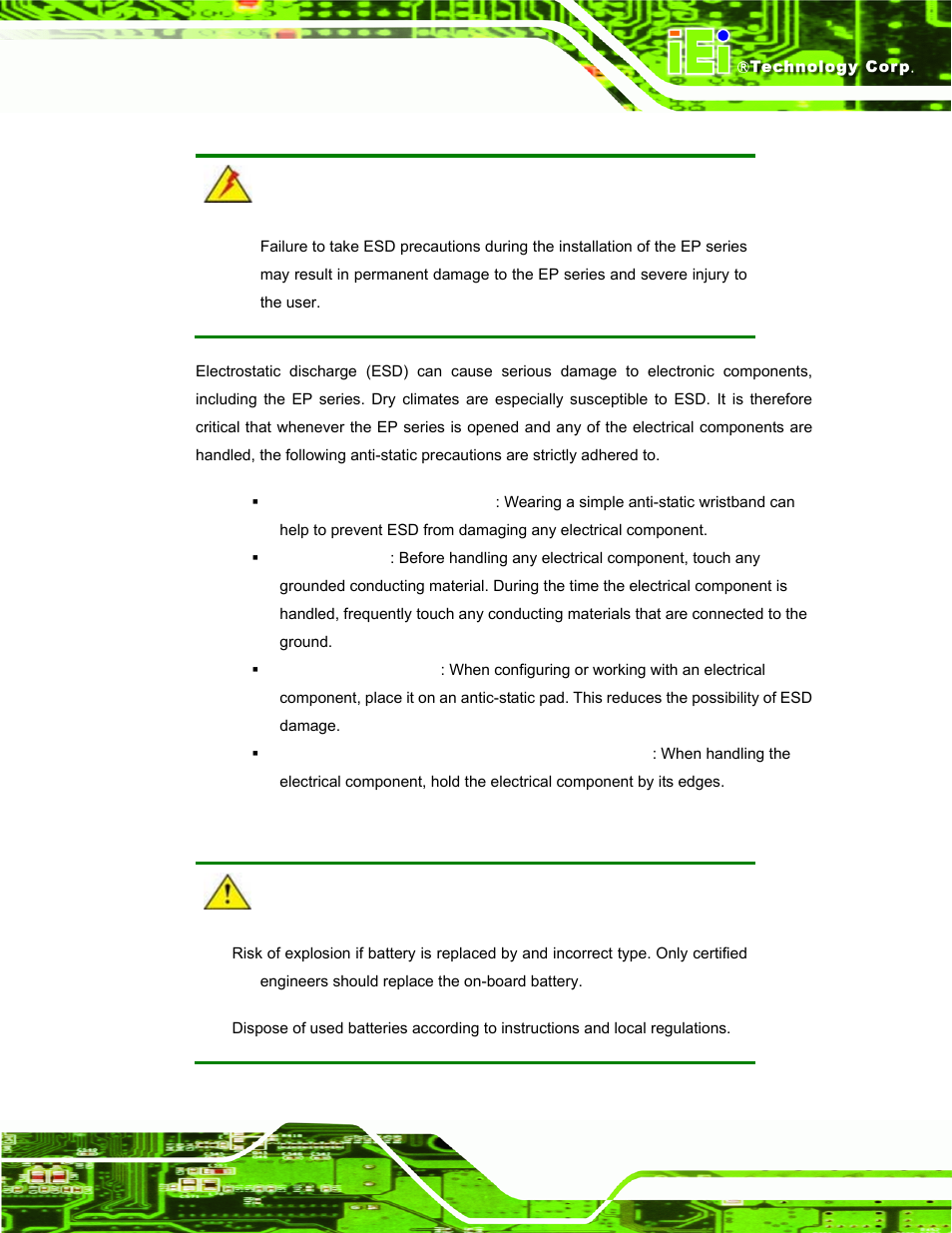 C.1.2 anti-static precautions, C.1.3 product disposal | IEI Integration UPC-V312-D525 v1.10 User Manual | Page 166 / 175