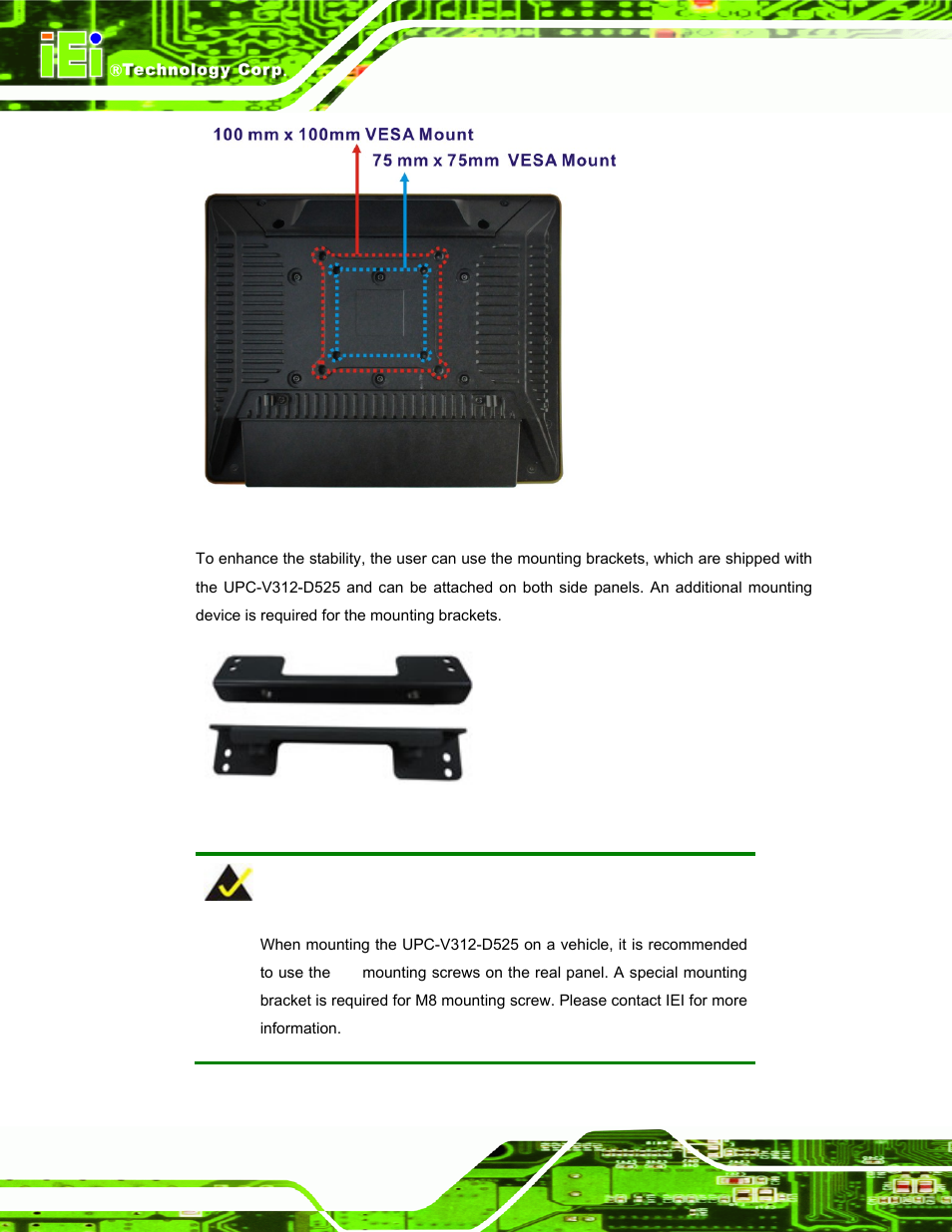 Figure 3-7: vesa mount retention screw holes, Figure 3-8: mounting brackets (side panels) | IEI Integration UPC-V312-D525 v1.10 User Manual | Page 39 / 175