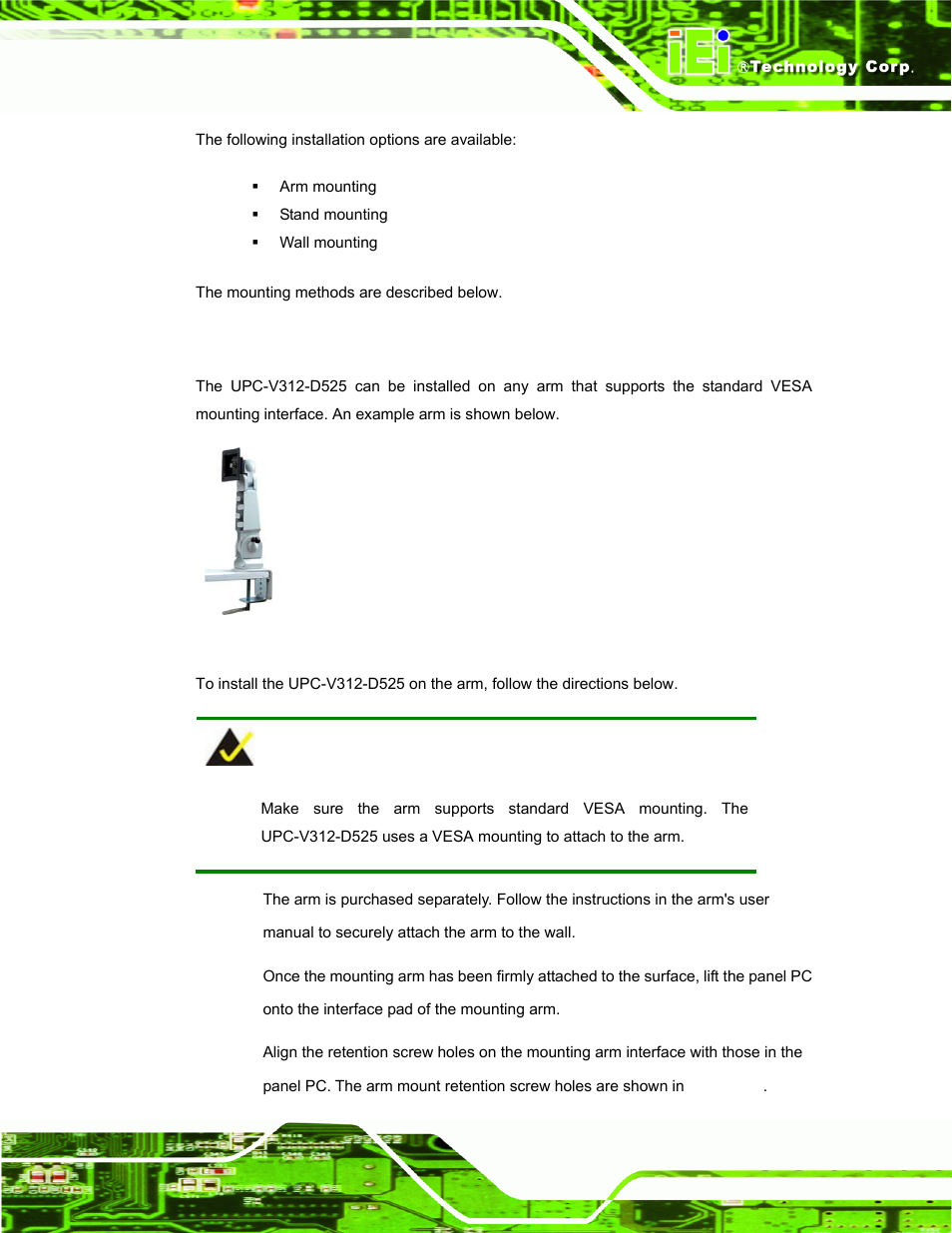 1 arm mounting, Figure 3-9: vesa compliant arm | IEI Integration UPC-V312-D525 v1.10 User Manual | Page 40 / 175