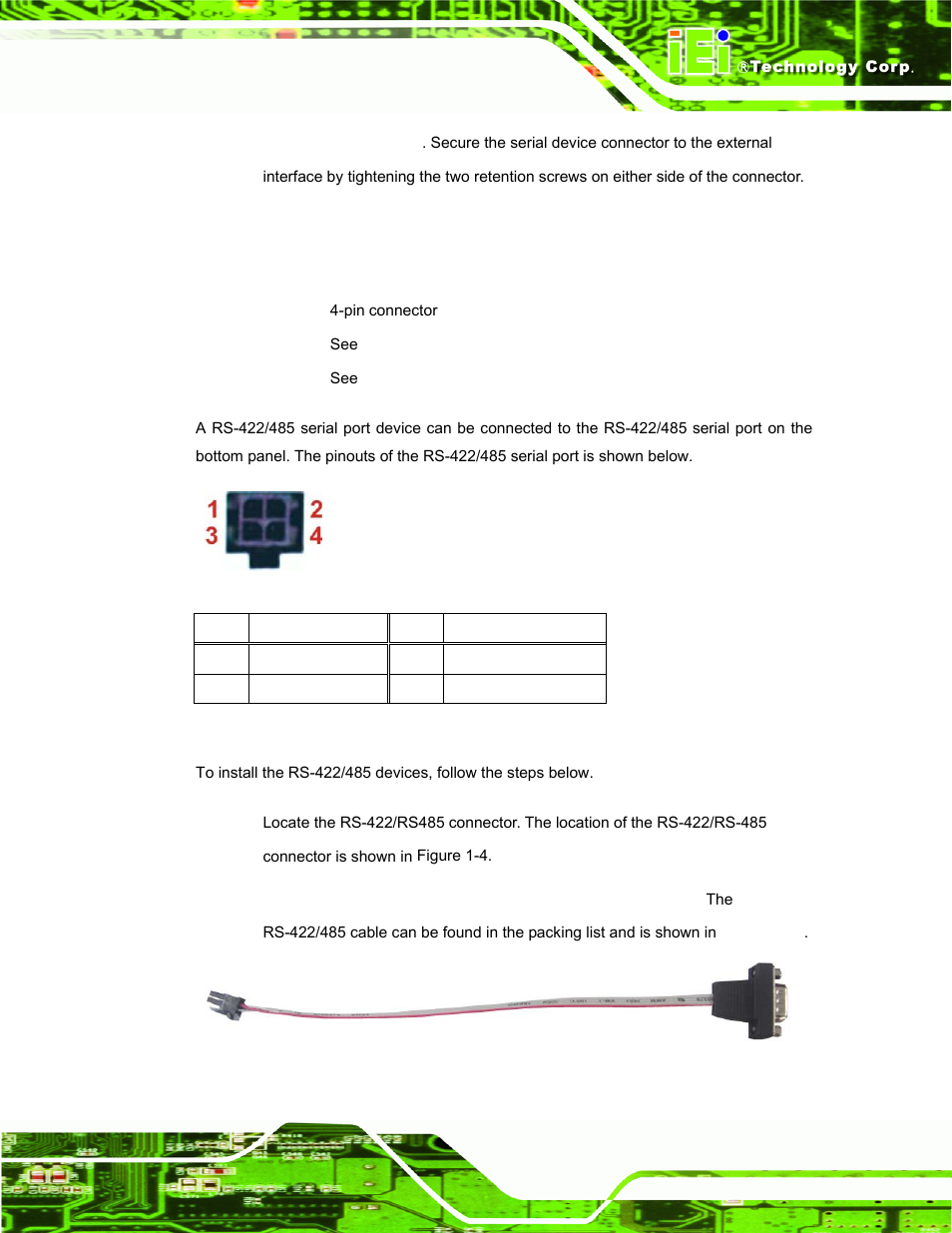 10 rs-422/485 serial port, Figure 3-28: rs-422/485 serial port, Figure 3-29: rs-422/485 cable | Table 3-4: rs-422/485 serial port pinouts | IEI Integration UPC-V312-D525 v1.10 User Manual | Page 52 / 175