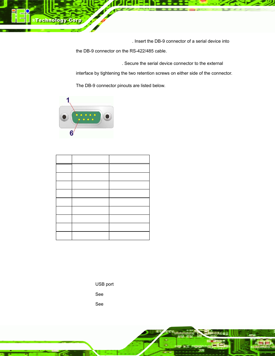 11 usb connectors, Figure 3-30: rs-422/485 serial port (db-9), Table 3-5: rs-422/485 serial port pinouts | IEI Integration UPC-V312-D525 v1.10 User Manual | Page 53 / 175