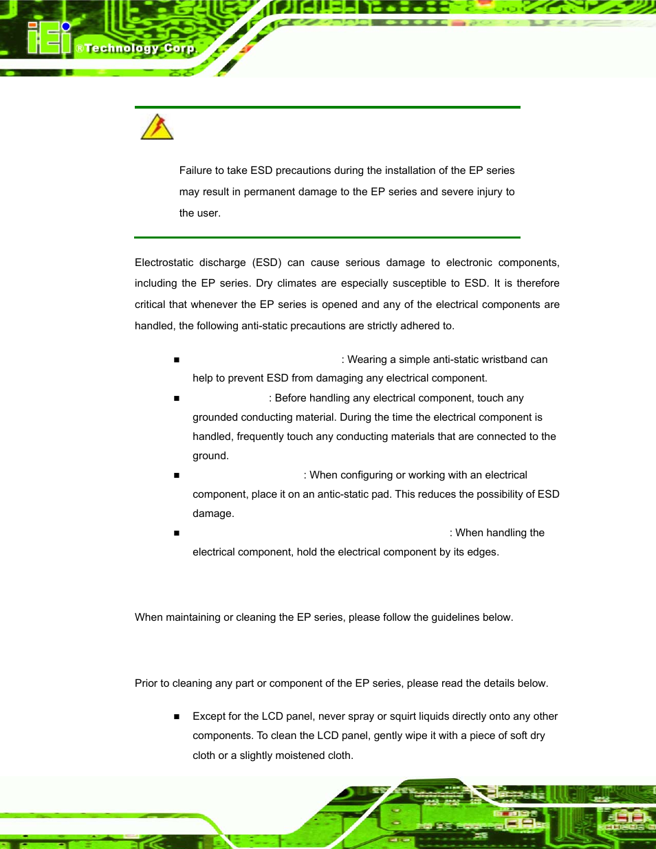B.1.2 anti-static precautions, B.2 maintenance and cleaning precautions, B.2.1 maintenance and cleaning | IEI Integration UPC-12AH_GM45 v1.00 User Manual | Page 136 / 147