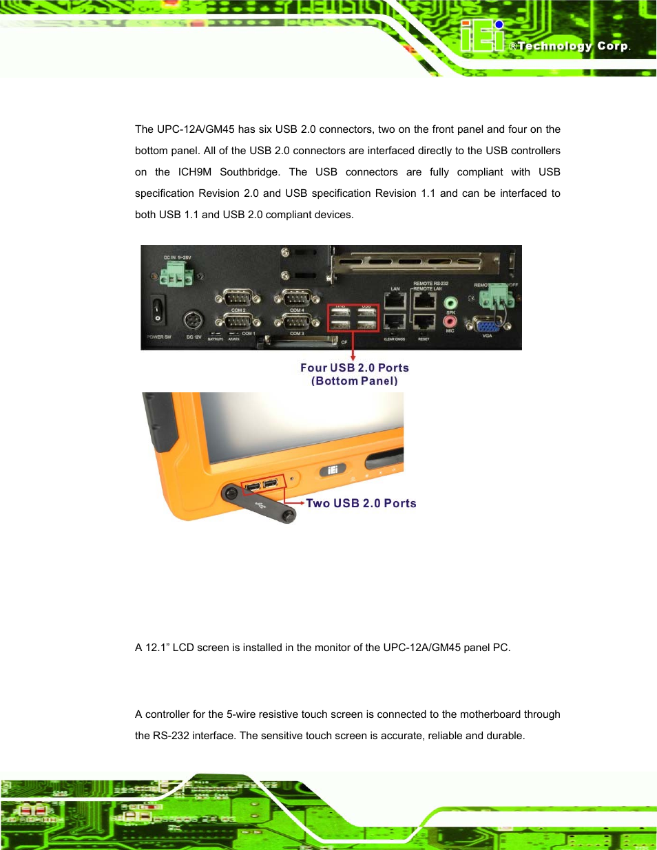 3 external usb connectors, 5 upc-12a/gm45 front side, 1 monitor | 2 touch-screen module | IEI Integration UPC-12AH_GM45 v1.00 User Manual | Page 31 / 147