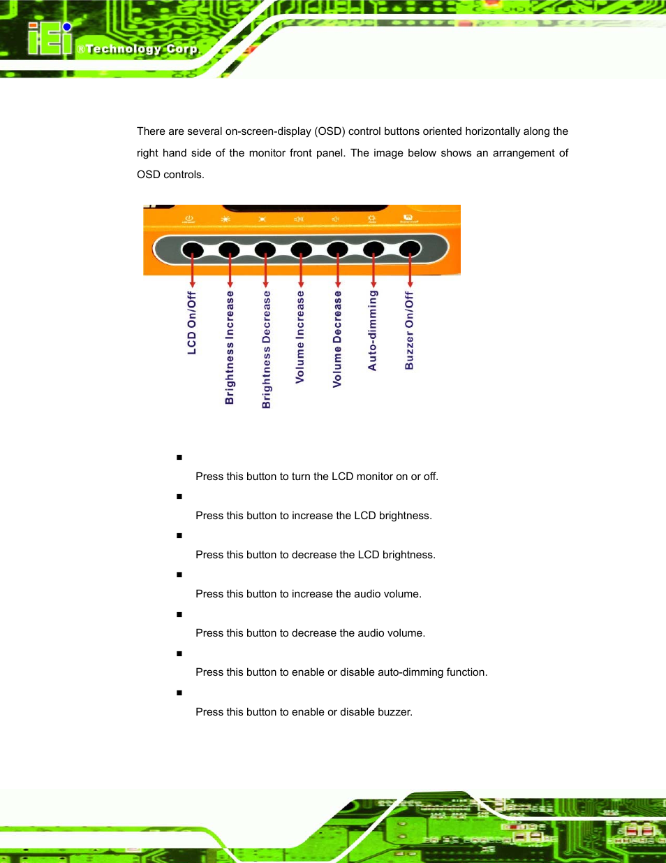 3 osd buttons | IEI Integration UPC-12AH_GM45 v1.00 User Manual | Page 32 / 147