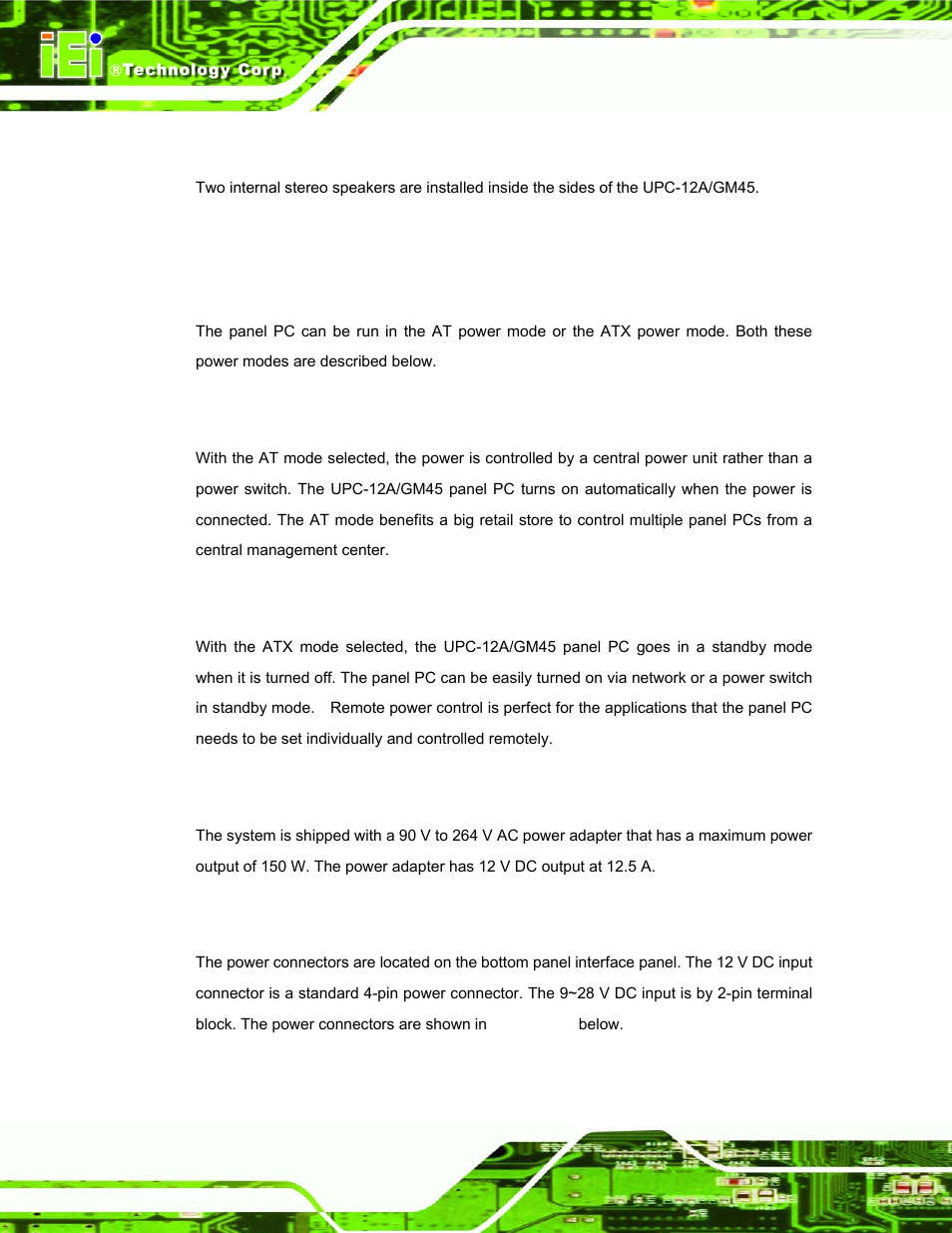 1 stereo speakers, 8 system power, 1 power mode | 1 at power mode, 2 atx power mode, 2 power adapter, 3 power connectors | IEI Integration UPC-12AH_GM45 v1.00 User Manual | Page 34 / 147