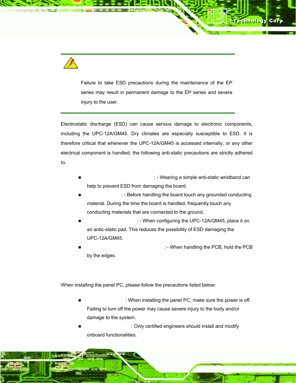 1 anti-static precautions, 2 installation precautions | IEI Integration UPC-12AH_GM45 v1.00 User Manual | Page 45 / 147