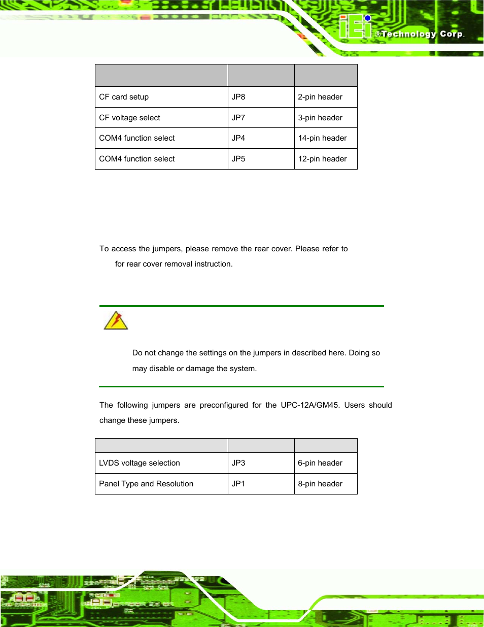 1 access the jumpers, 2 preconfigured jumpers | IEI Integration UPC-12AH_GM45 v1.00 User Manual | Page 55 / 147