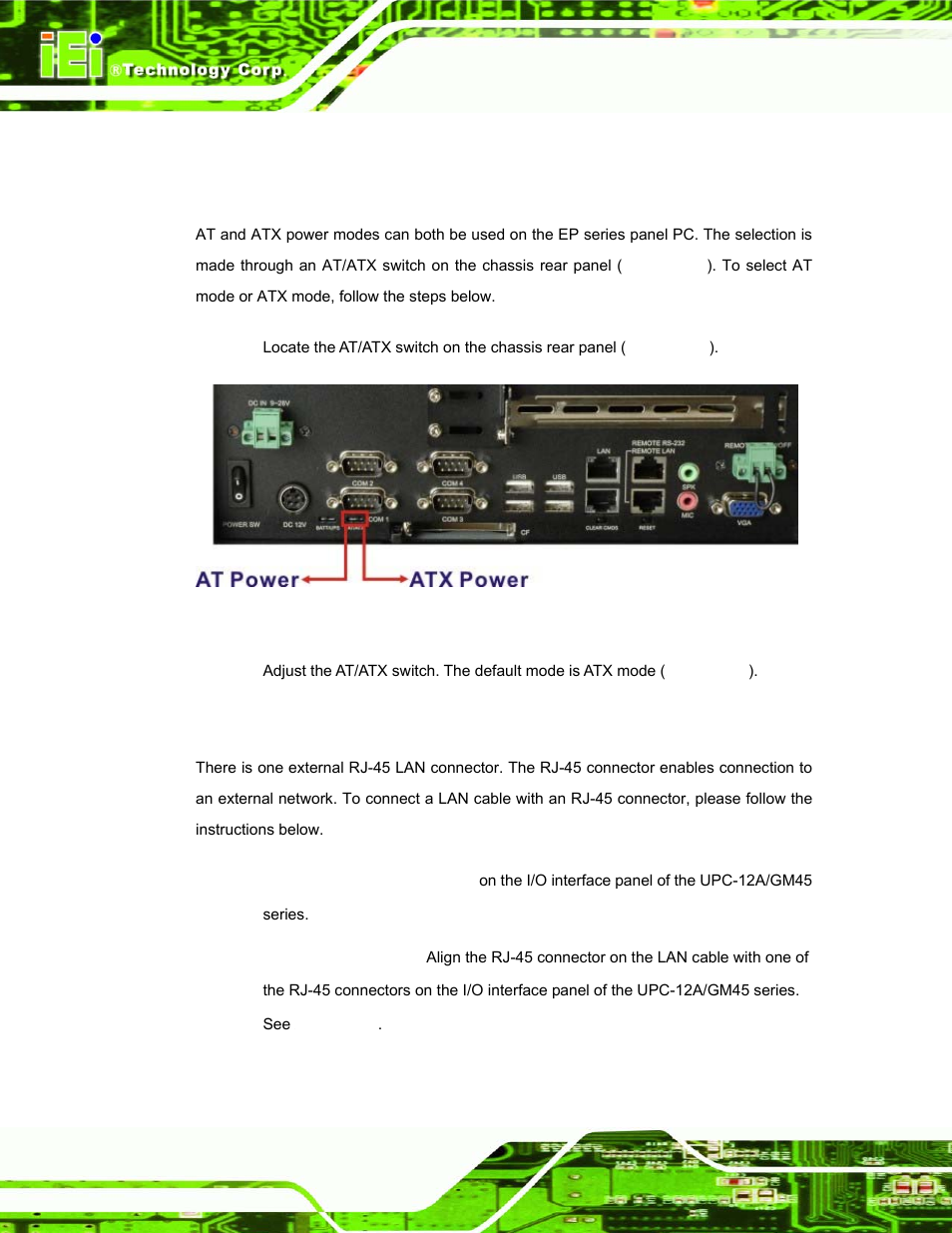 12 bottom panel switch and connectors, 1 at/atx mode selection, 2 lan connection | IEI Integration UPC-12AH_GM45 v1.00 User Manual | Page 68 / 147