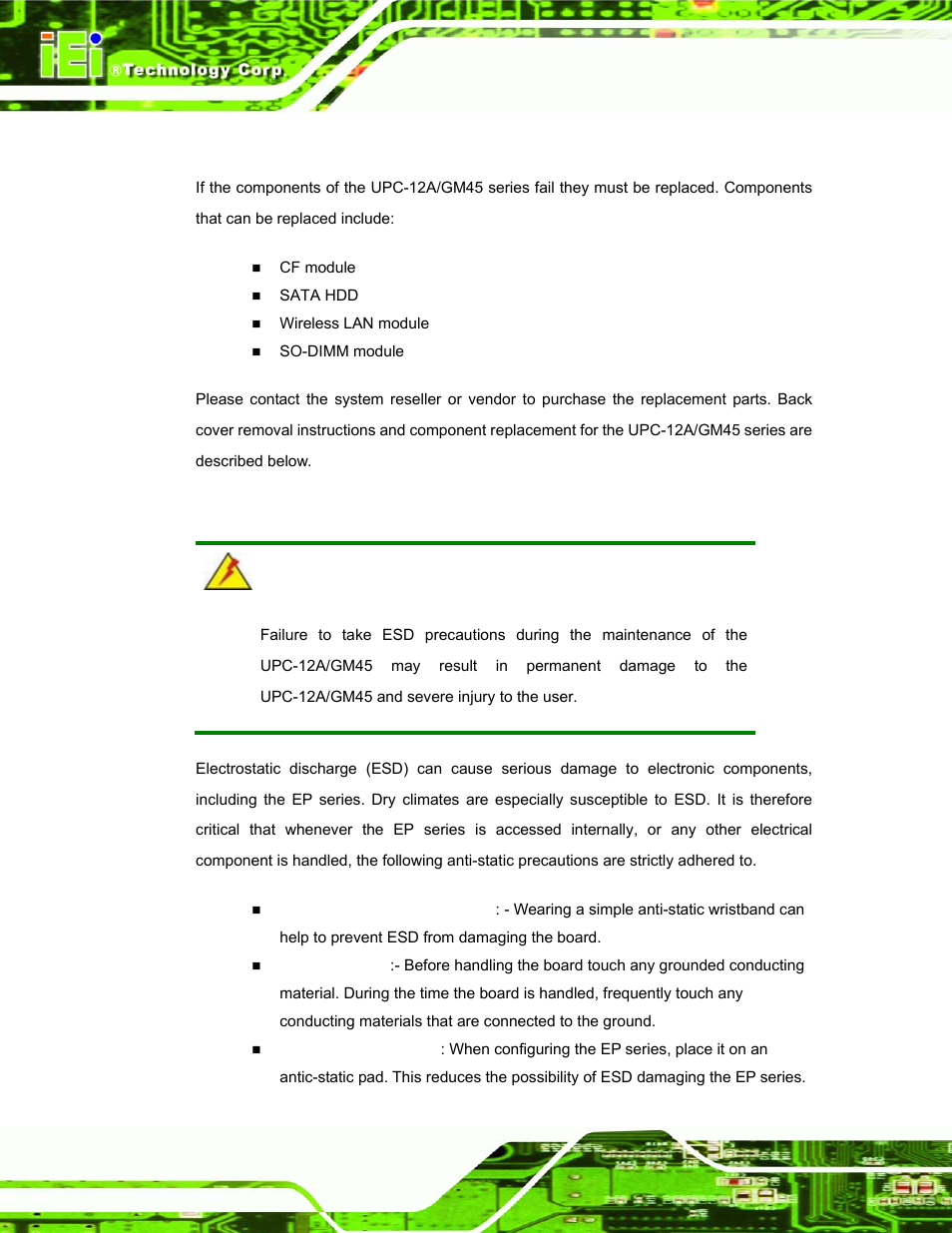 1 system maintenance introduction, 2 anti-static precautions | IEI Integration UPC-12AH_GM45 v1.00 User Manual | Page 74 / 147
