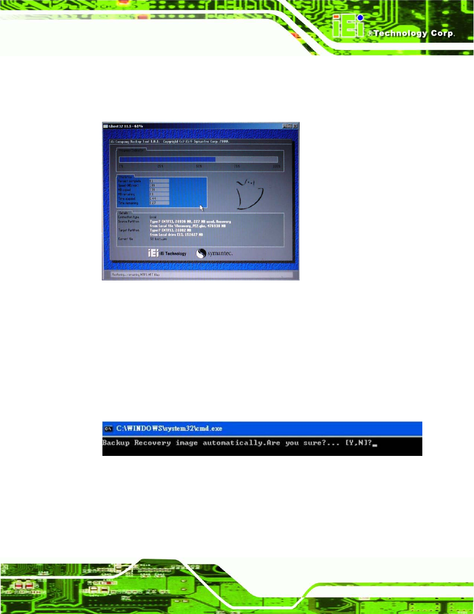 Figure b-25: building the auto recovery partition, Figure b-26: factory default image confirmation | IEI Integration UPC-V315-QM77 User Manual | Page 118 / 148