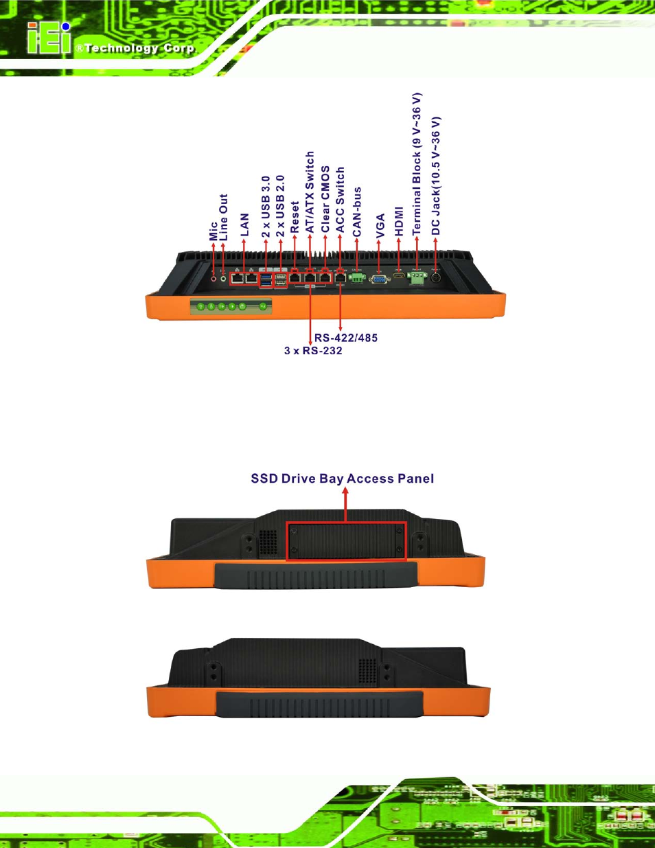 3 side panels, Figure 1-4: bottom view, Figure 1-5: left side view | Figure 1-6: right side view | IEI Integration UPC-V315-QM77 User Manual | Page 19 / 148