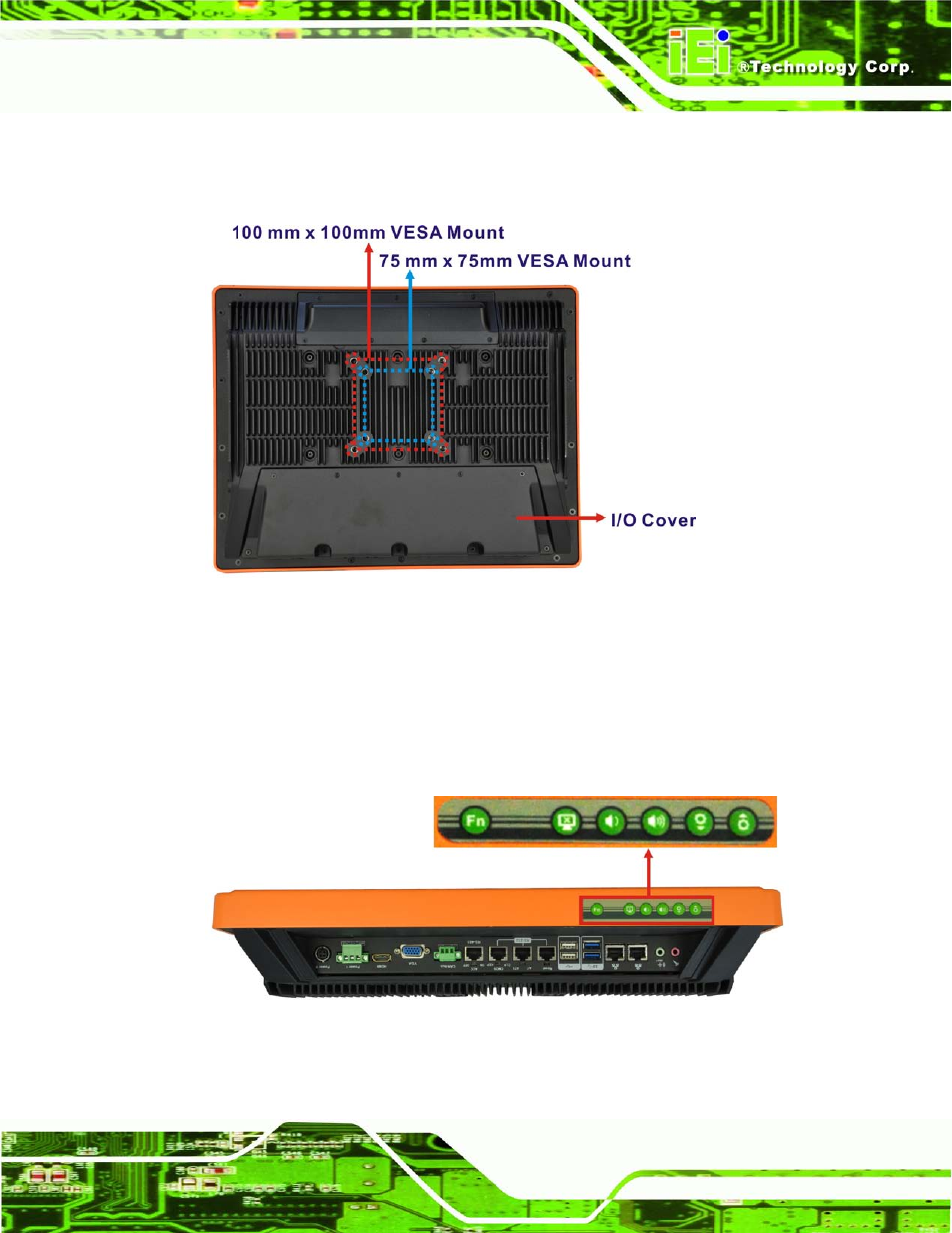 4 rear panel, 5 frame (function keys), Figure 1-7: rear view | Figure 1-8: function key locations, N 1.4.5) | IEI Integration UPC-V315-QM77 User Manual | Page 20 / 148