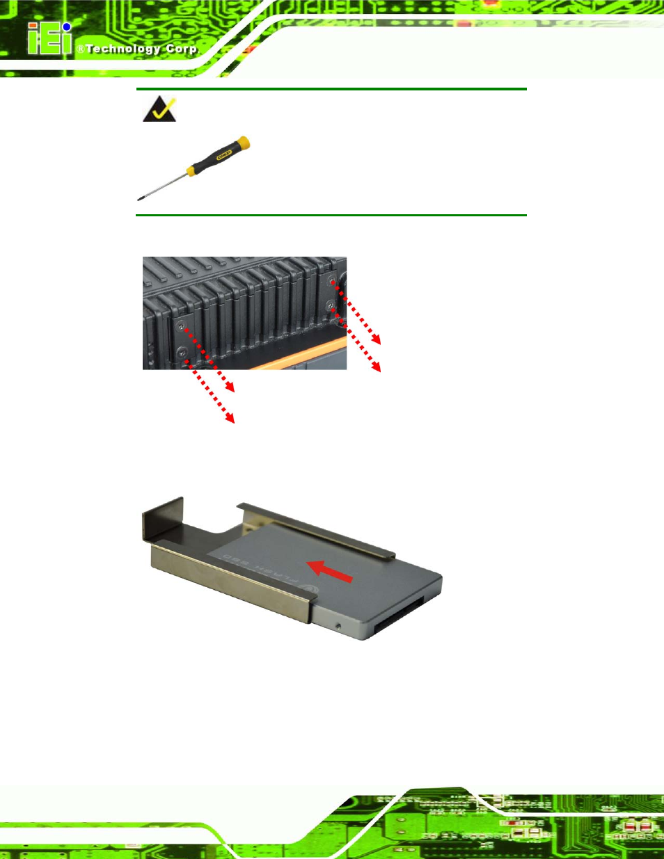 Figure 3-1: remove the ssd drive bay access panel, Figure 3-2: inserting the ssd | IEI Integration UPC-V315-QM77 User Manual | Page 33 / 148