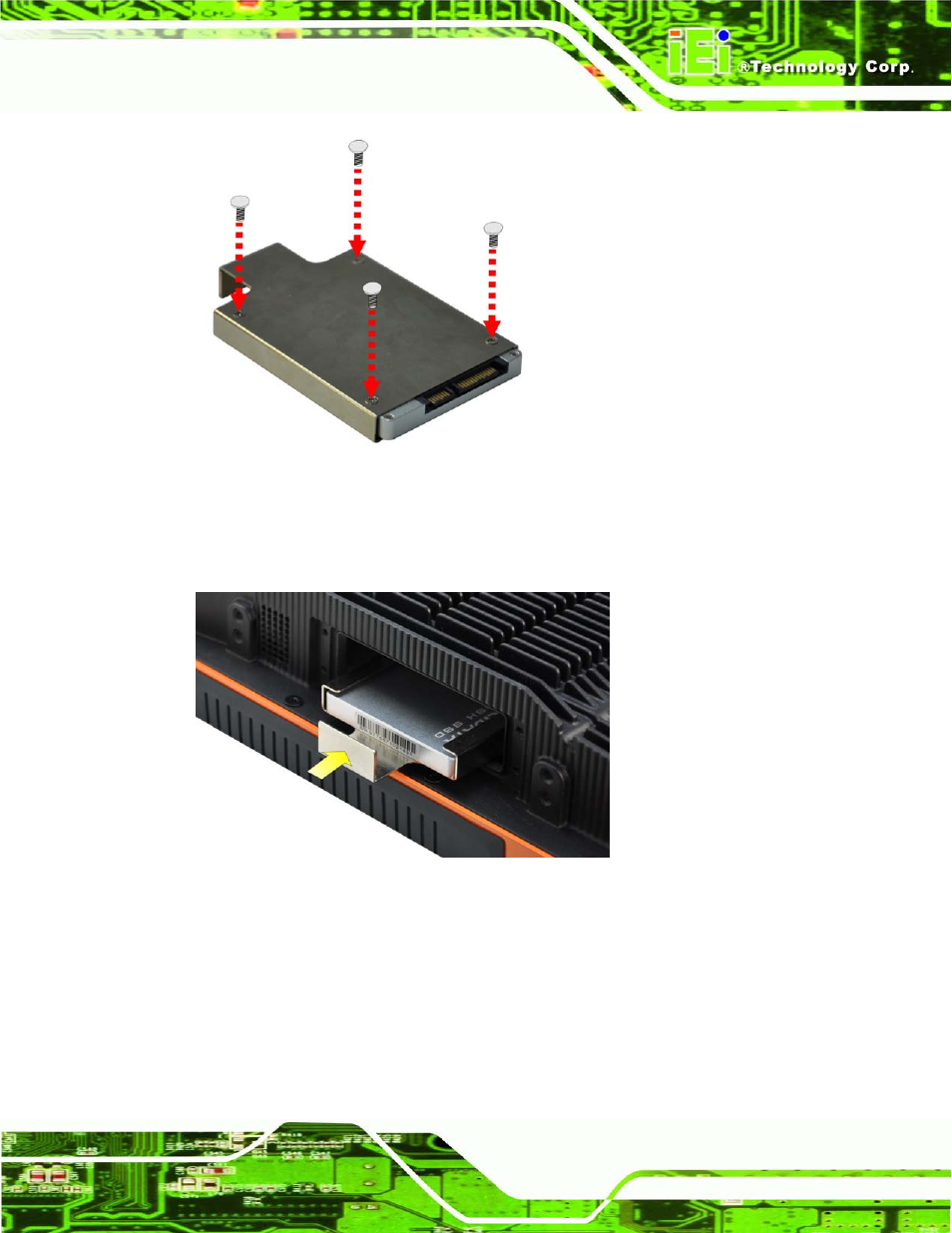 5 internal usb devices installation, Nternal, Evices | Nstallation, Figure 3-3: securing the ssd, Figure 3-4: ssd installation, 5 in te rn a l us b de vic e s in s ta lla tio n | IEI Integration UPC-V315-QM77 User Manual | Page 34 / 148