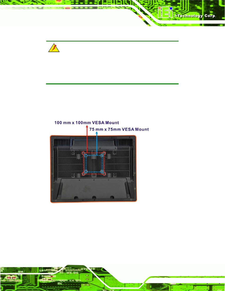 6 mounting the system, Ounting the, Ystem | Figure 3-7: vesa mount retention screw holes, 6 mo u n tin g th e s ys te m | IEI Integration UPC-V315-QM77 User Manual | Page 36 / 148