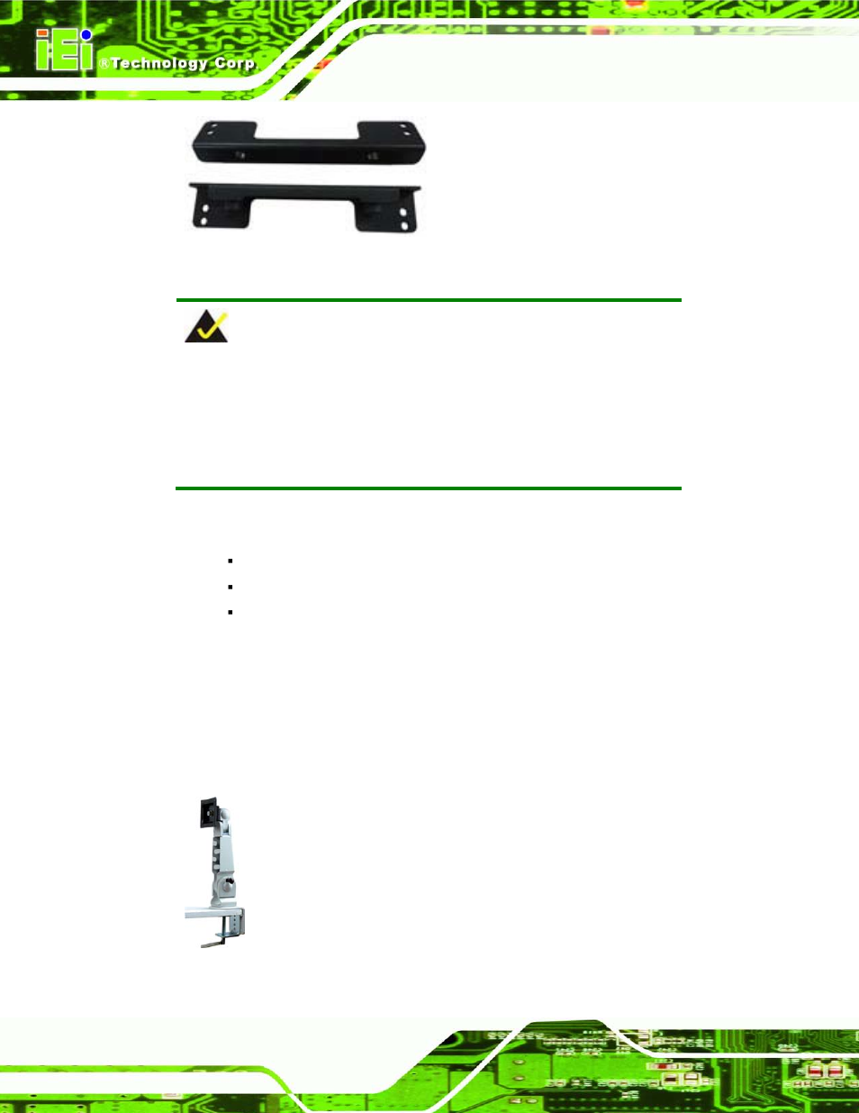 1 arm mounting, Figure 3-8: mounting brackets (side panels), Figure 3-9: vesa compliant arm | IEI Integration UPC-V315-QM77 User Manual | Page 37 / 148