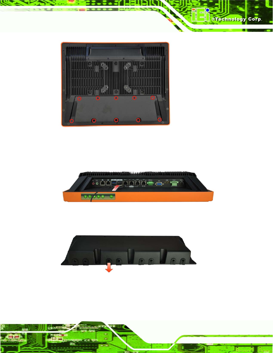 Figure 3-14: i/o cover retention screws, Figure 3-15: external peripheral device connection, Figure 3-16: rubber gasket removal | IEI Integration UPC-V315-QM77 User Manual | Page 42 / 148