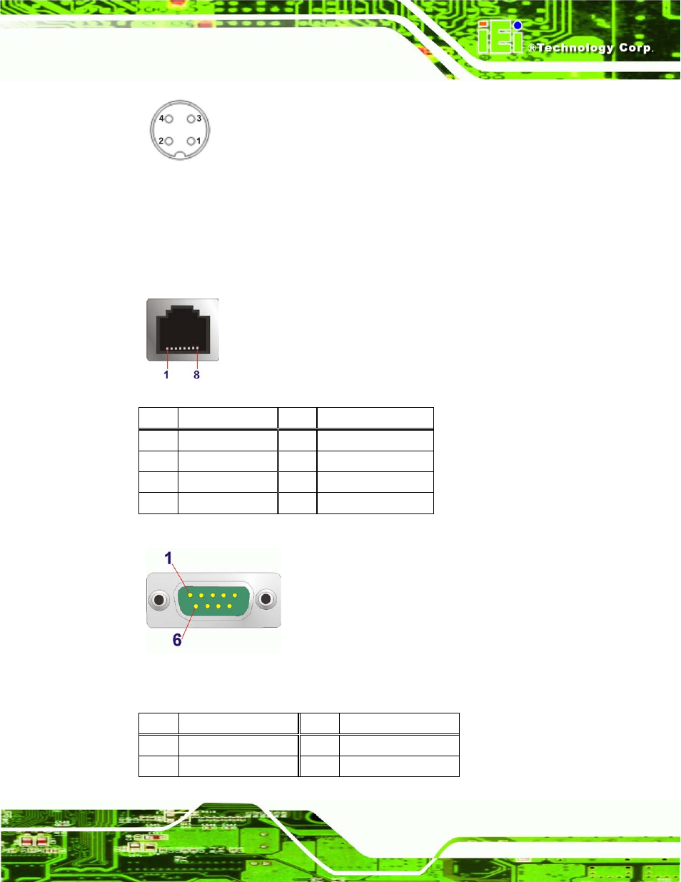 10 rj-45 rs-232 serial port, Figure 3-26: power input connector, Figure 3-28: db-9 connector pinout location | Table 3-4: rj-45 rs-232 serial port pinouts | IEI Integration UPC-V315-QM77 User Manual | Page 48 / 148