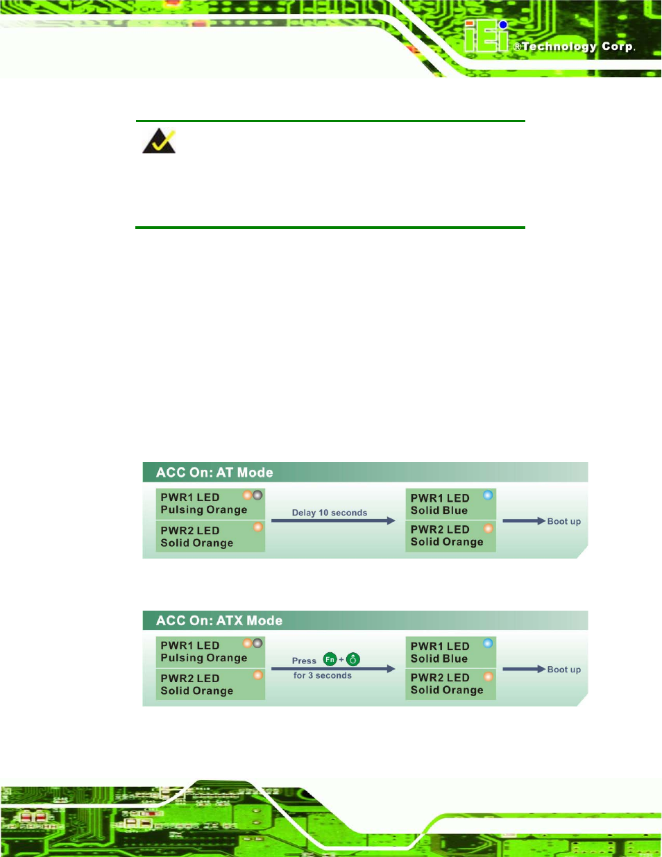 1 acc on, 1 boot-up, Figure 3-37: acc on: at mode | Figure 3-38: acc on: atx mode | IEI Integration UPC-V315-QM77 User Manual | Page 56 / 148