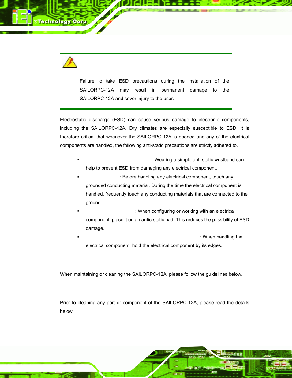 B.1.2 anti-static precautions, B.2 maintenance and cleaning precautions, B.2.1 maintenance and cleaning | Aintenance and, Leaning, Recautions | IEI Integration S12A v3.00 User Manual | Page 102 / 118
