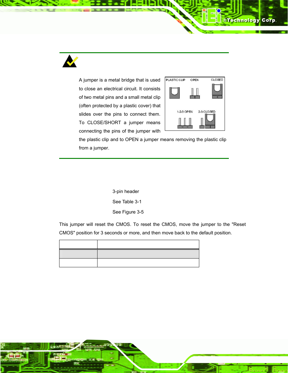 4 jumper settings, 1 reset cmos, Umper | Ettings, Table 3-1: reset cmos | IEI Integration S12A v3.00 User Manual | Page 27 / 118