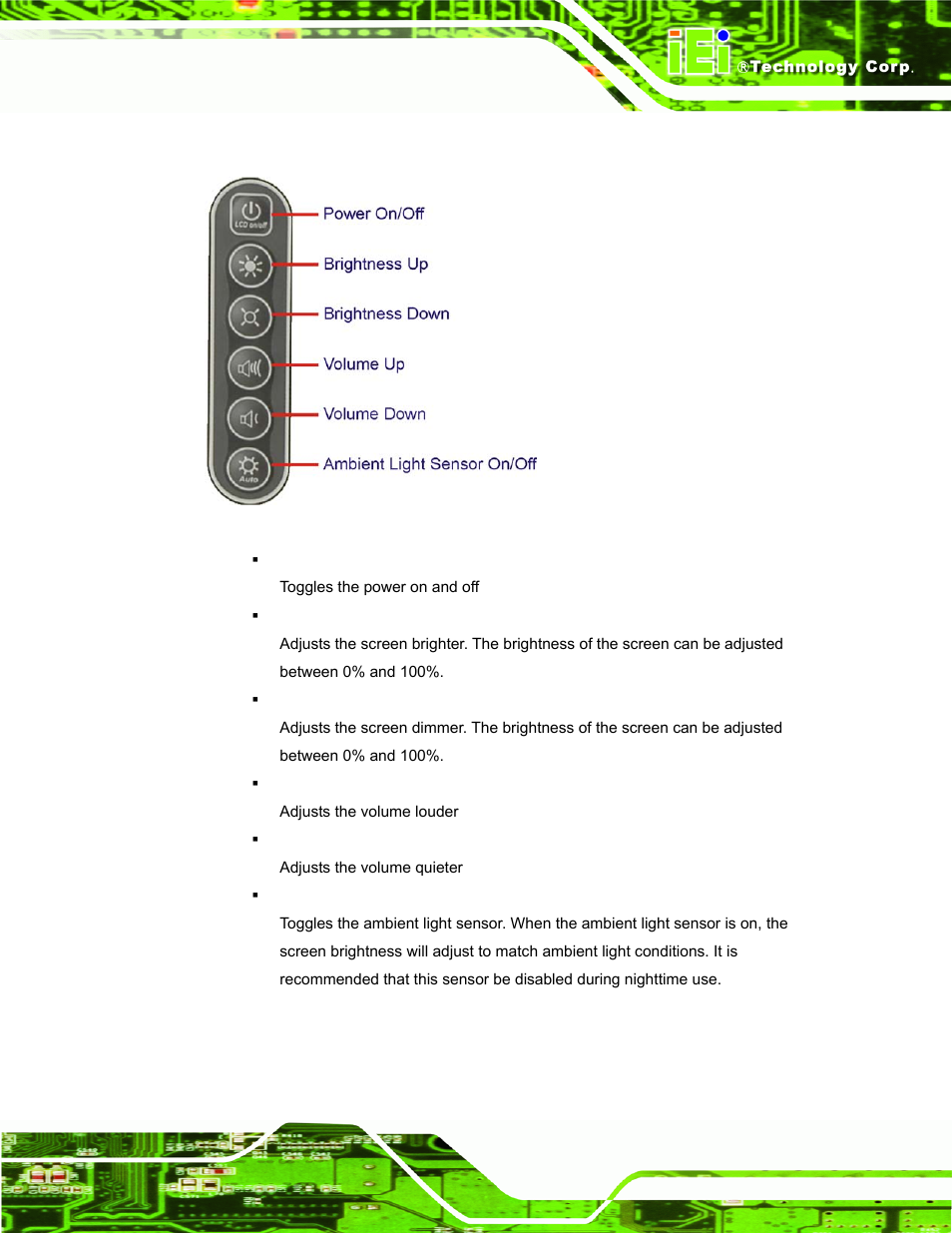 1 osd buttons, Uttons, Figure 4-1: osd buttons | IEI Integration S12A v3.00 User Manual | Page 43 / 118