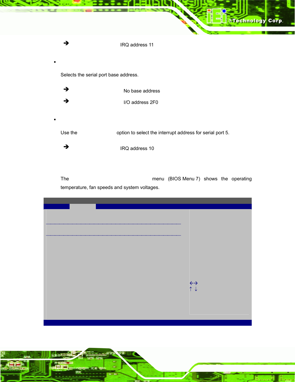 4 hardware health configuration, Bios menu 7: hardware health configuration | IEI Integration S12A v3.00 User Manual | Page 59 / 118