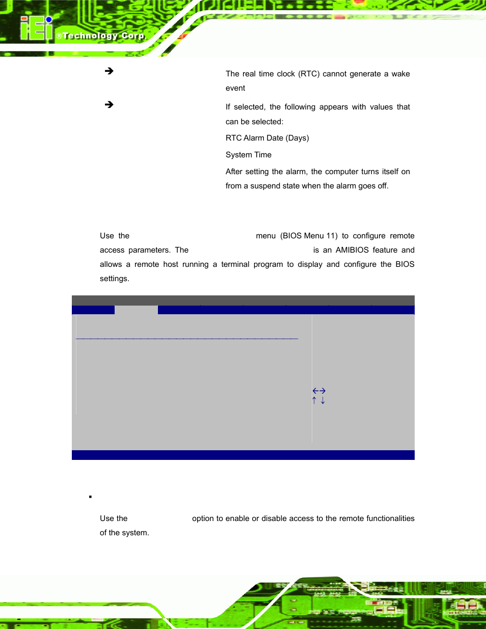 6 remote access configuration, Bios menu 11: remote access configuration | IEI Integration S12A v3.00 User Manual | Page 66 / 118