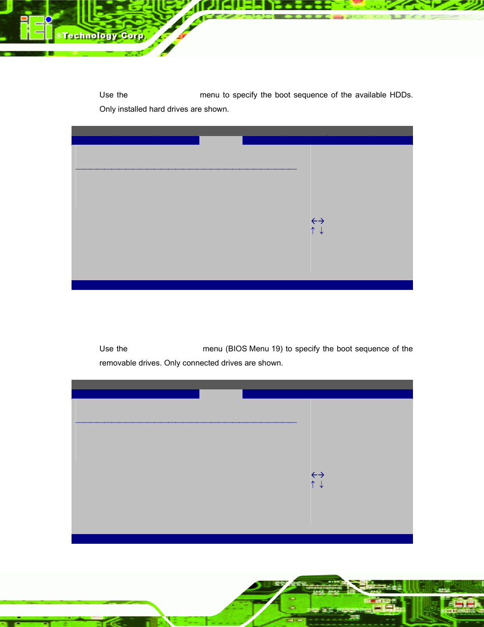 3 hard disk drives, 4 removable drives, Bios menu 18: hard disk drives | Bios menu 19: removable drives | IEI Integration S12A v3.00 User Manual | Page 80 / 118
