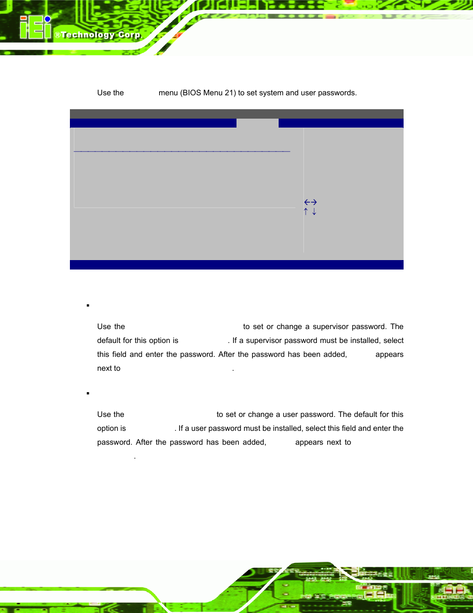 6 security, Ecurity, Bios menu 21: security | IEI Integration S12A v3.00 User Manual | Page 82 / 118