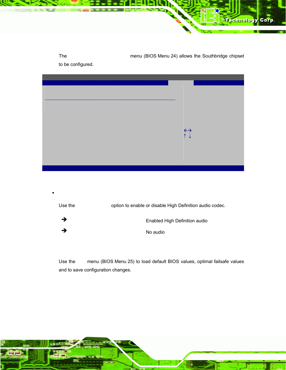 2 southbridge configuration, 8 exit, Bios menu 24: southbridge chipset configuration | IEI Integration S12A v3.00 User Manual | Page 87 / 118