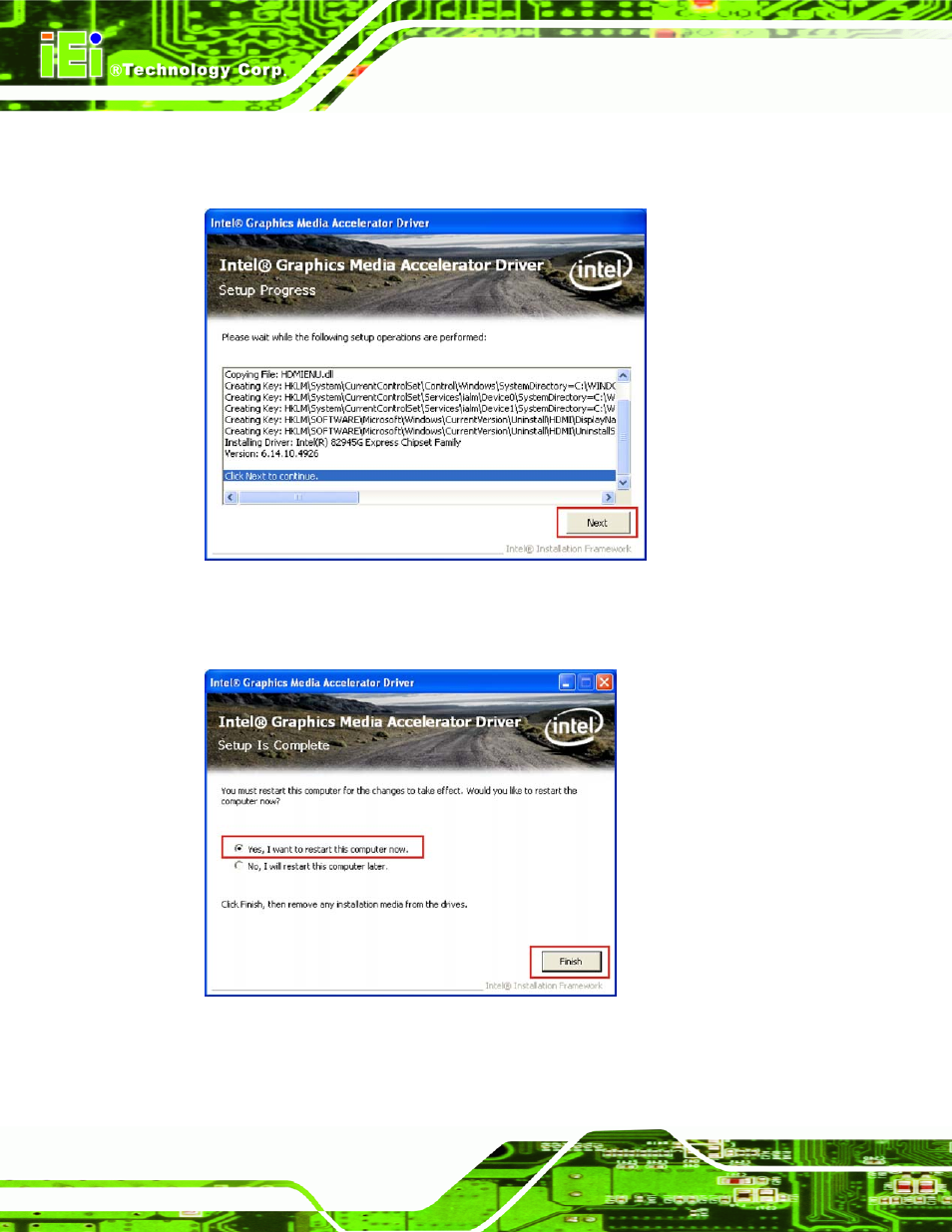 Figure 6-12: graphics driver installation notice, Figure 6-13: graphics driver installation complete | IEI Integration PPC-5xxx-9455 v1.00 User Manual | Page 146 / 198