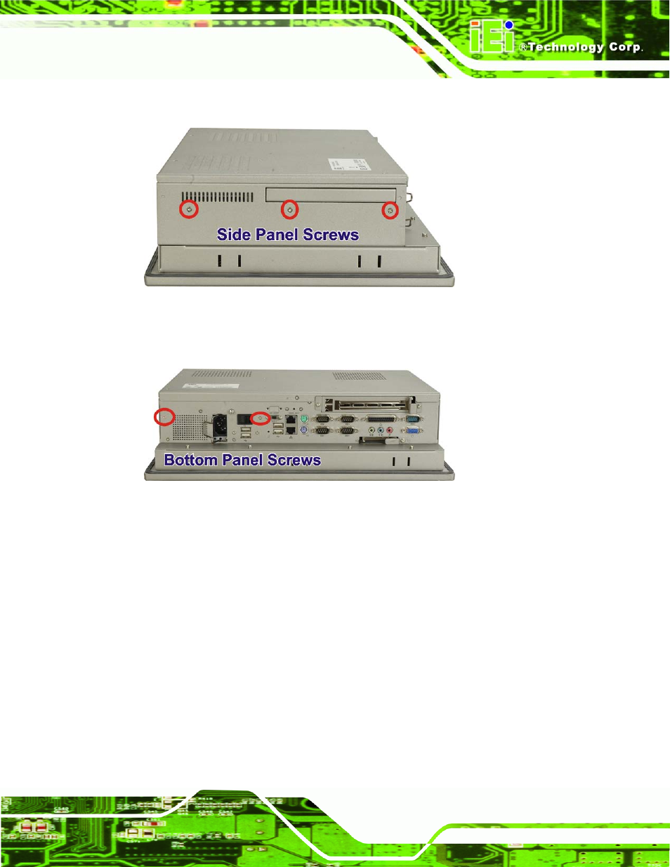 Figure 7-3: side panel elevated platform screws, Figure 7-4: bottom panel elevated platform screws | IEI Integration PPC-5xxx-9455 v1.00 User Manual | Page 163 / 198