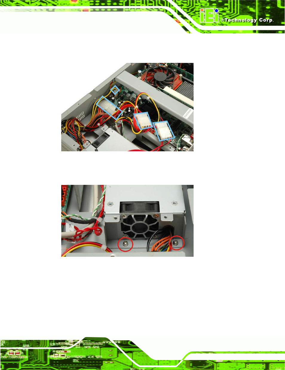 Figure 7-6: psu power cables, Figure 7-7: psu bottom panel retention screws | IEI Integration PPC-5xxx-9455 v1.00 User Manual | Page 165 / 198