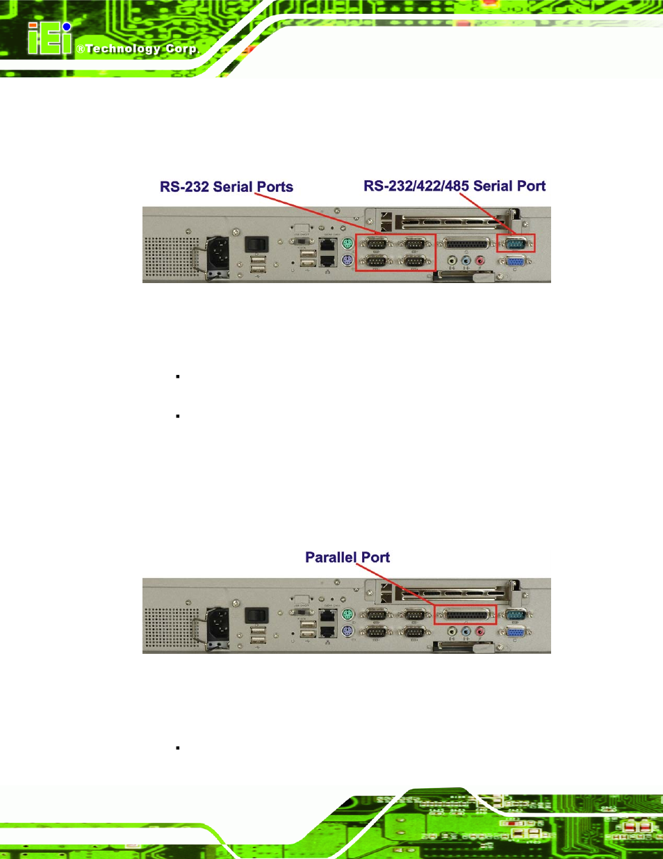 2 serial ports, 3 parallel port, Figure 2-10: serial ports | Figure 2-11: parallel port | IEI Integration PPC-5xxx-9455 v1.00 User Manual | Page 48 / 198