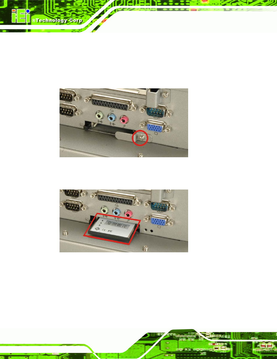 2 compactflash® installation, 2 compactflash, Installation | Figure 4-6: compactflash® cover plate, Figure 4-7: compactflash® slot | IEI Integration PPC-5xxx-9455 v1.00 User Manual | Page 68 / 198