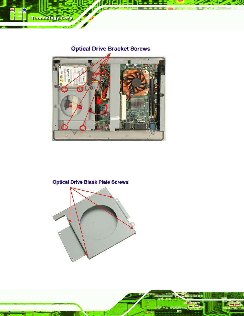 Figure 4-10: cd drive retention screws, Figure 4-11: optical drive blank plate assembly | IEI Integration PPC-5xxx-9455 v1.00 User Manual | Page 70 / 198