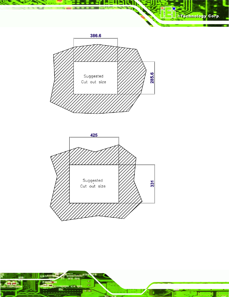 Figure 4-18: 15” panel cutout dimensions, Figure 4-19: 17” panel cutout dimensions | IEI Integration PPC-5xxx-9455 v1.00 User Manual | Page 77 / 198