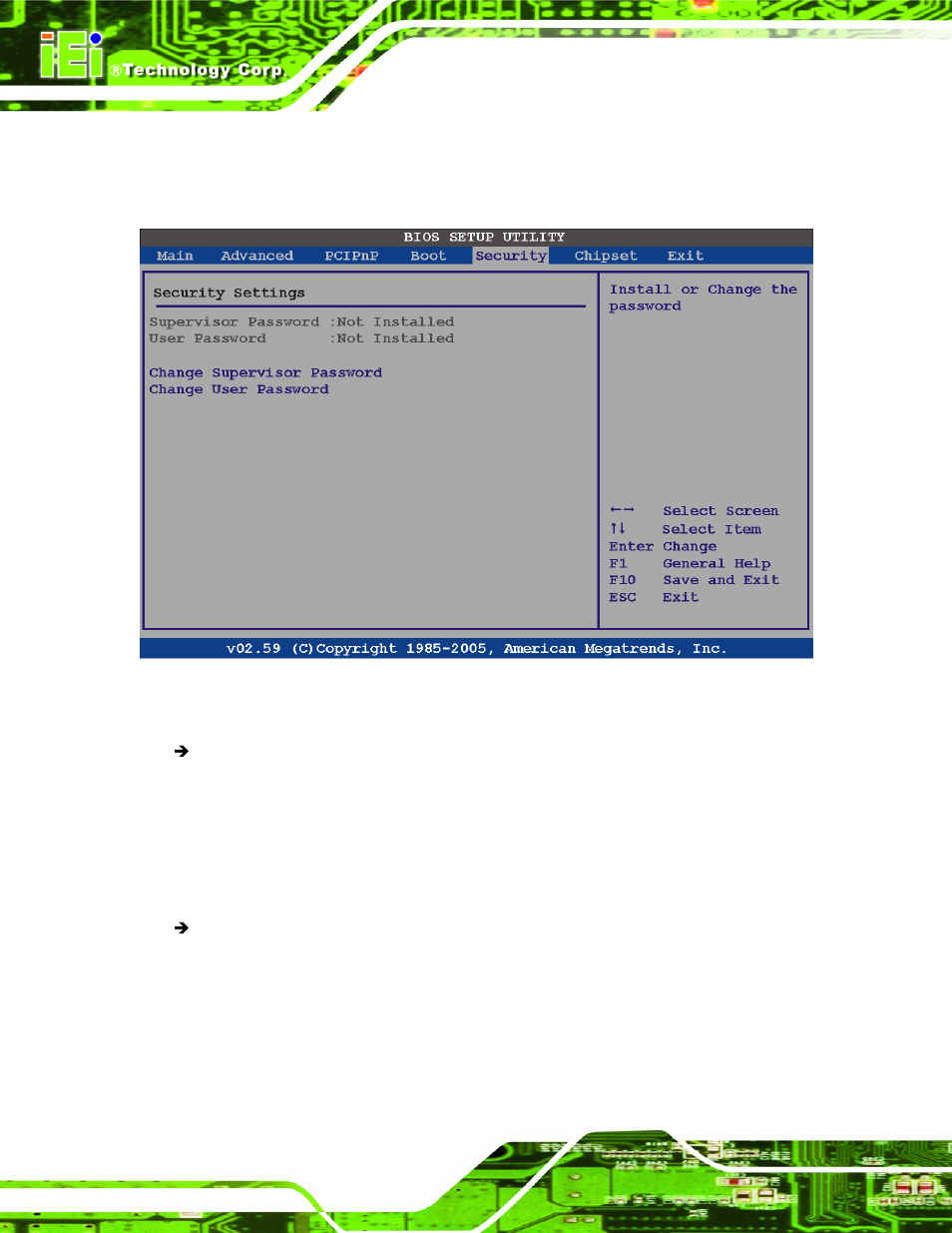 6 security, Ecurity, Bios menu 21: security | IEI Integration PPC-5xxx-9455 v1.10 User Manual | Page 134 / 198